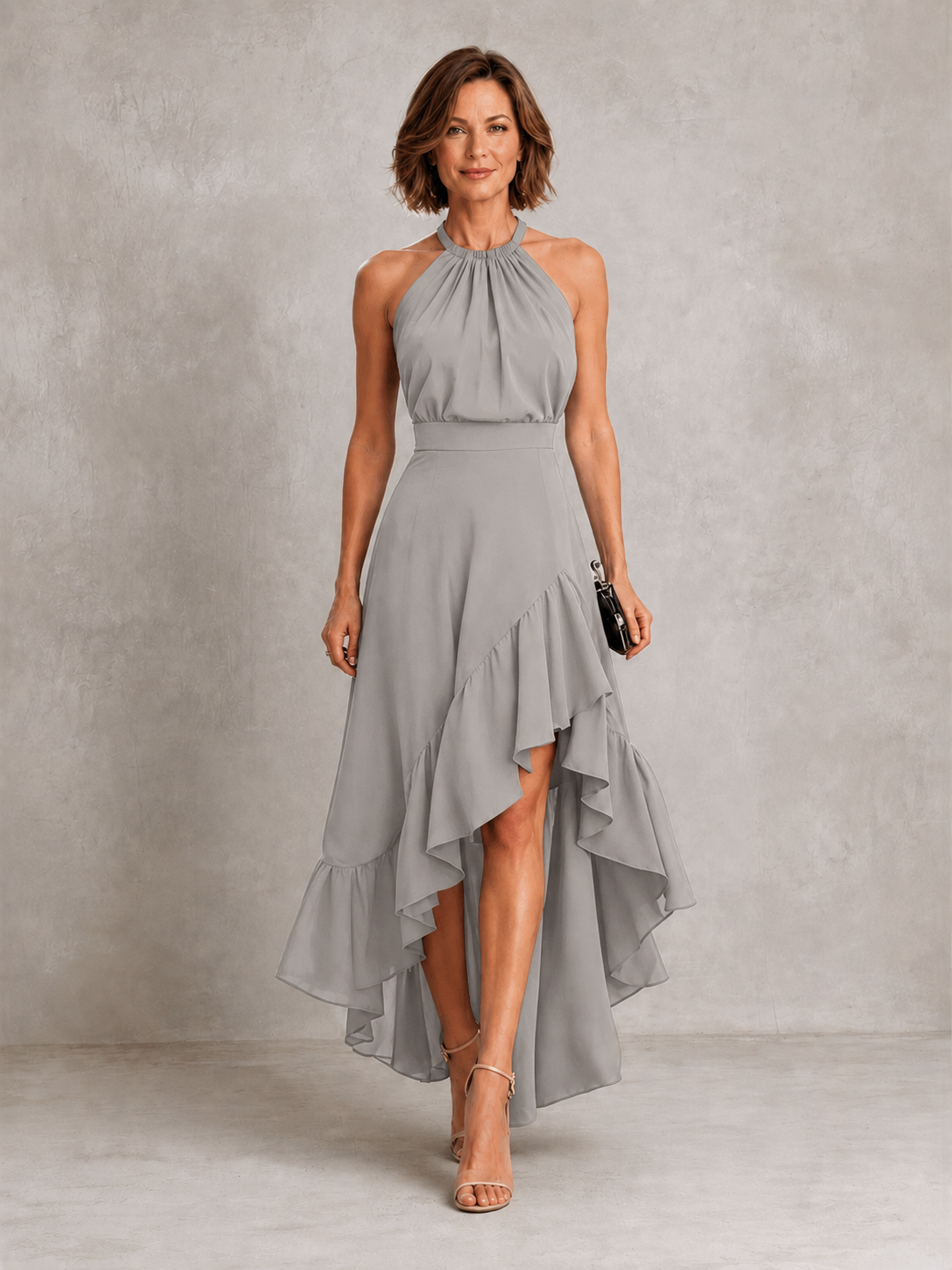Gray halter maxi dress with ruffle hem