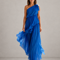 Blue one-shoulder tiered ruffle maxi dress