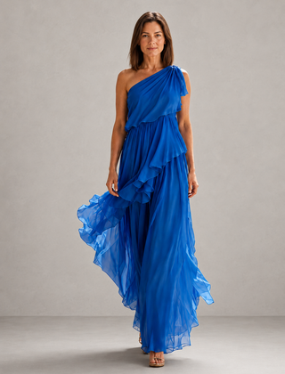 Blue one-shoulder tiered ruffle maxi dress