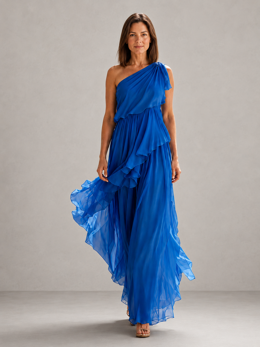 Blue one-shoulder tiered ruffle maxi dress