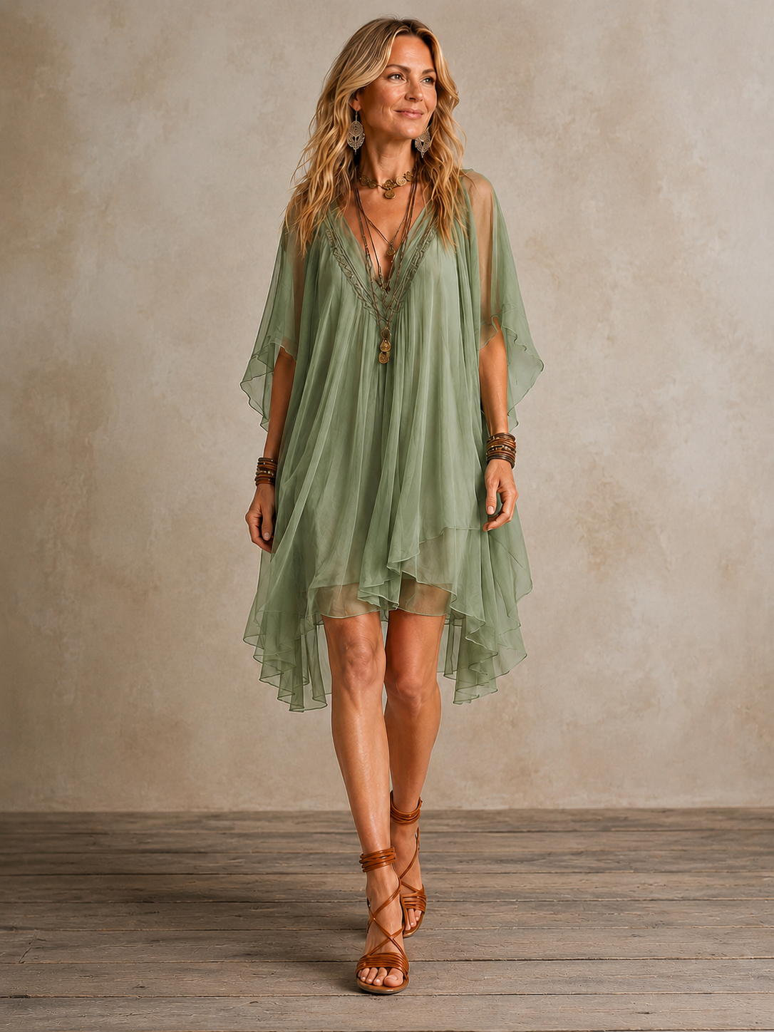 Tiered boho mini dress side view