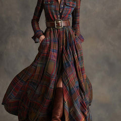 Belted Button-Front Long-Sleeve Maxi Shirt Dress for Women