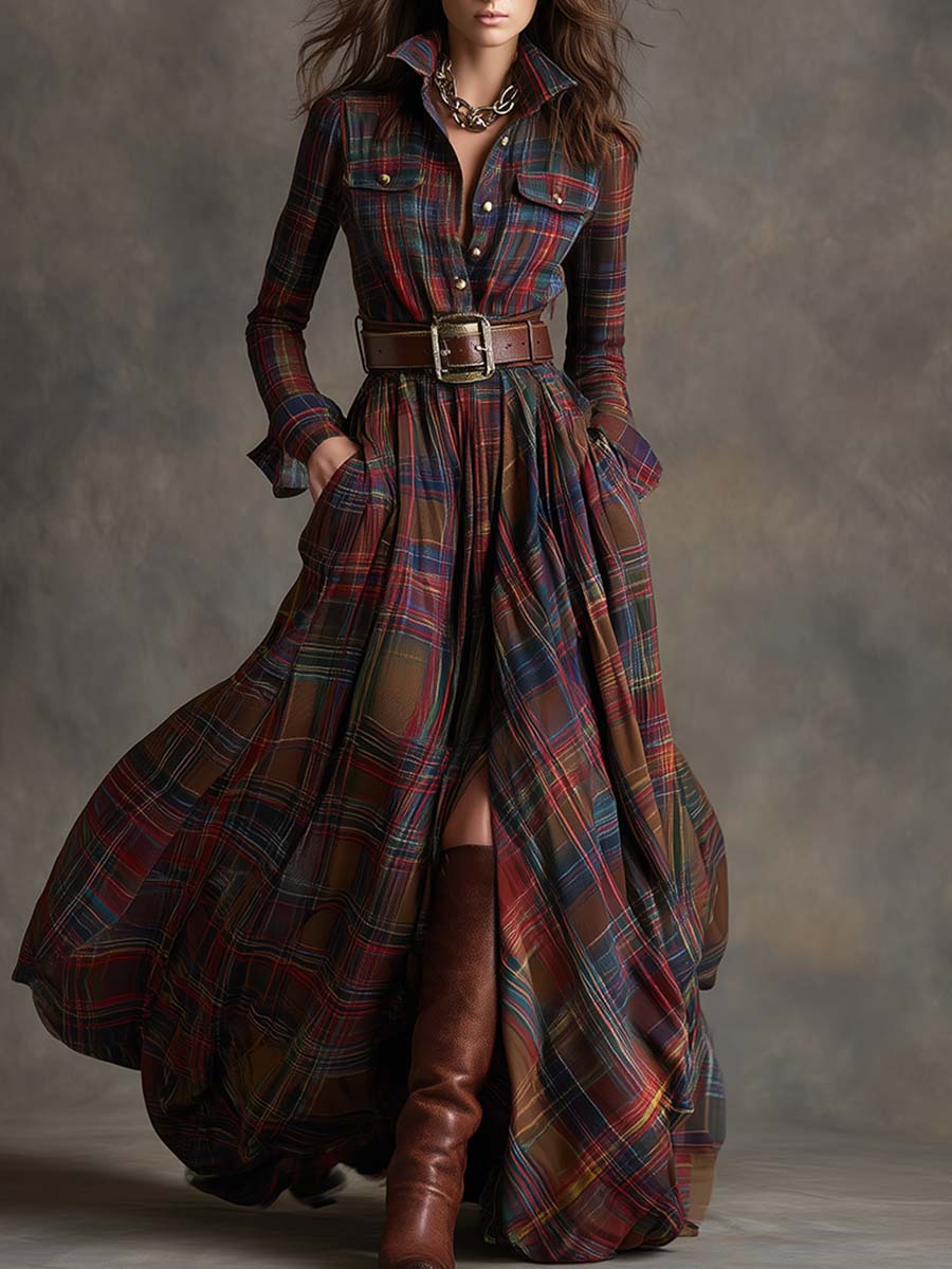 Belted Button-Front Long-Sleeve Maxi Shirt Dress for Women