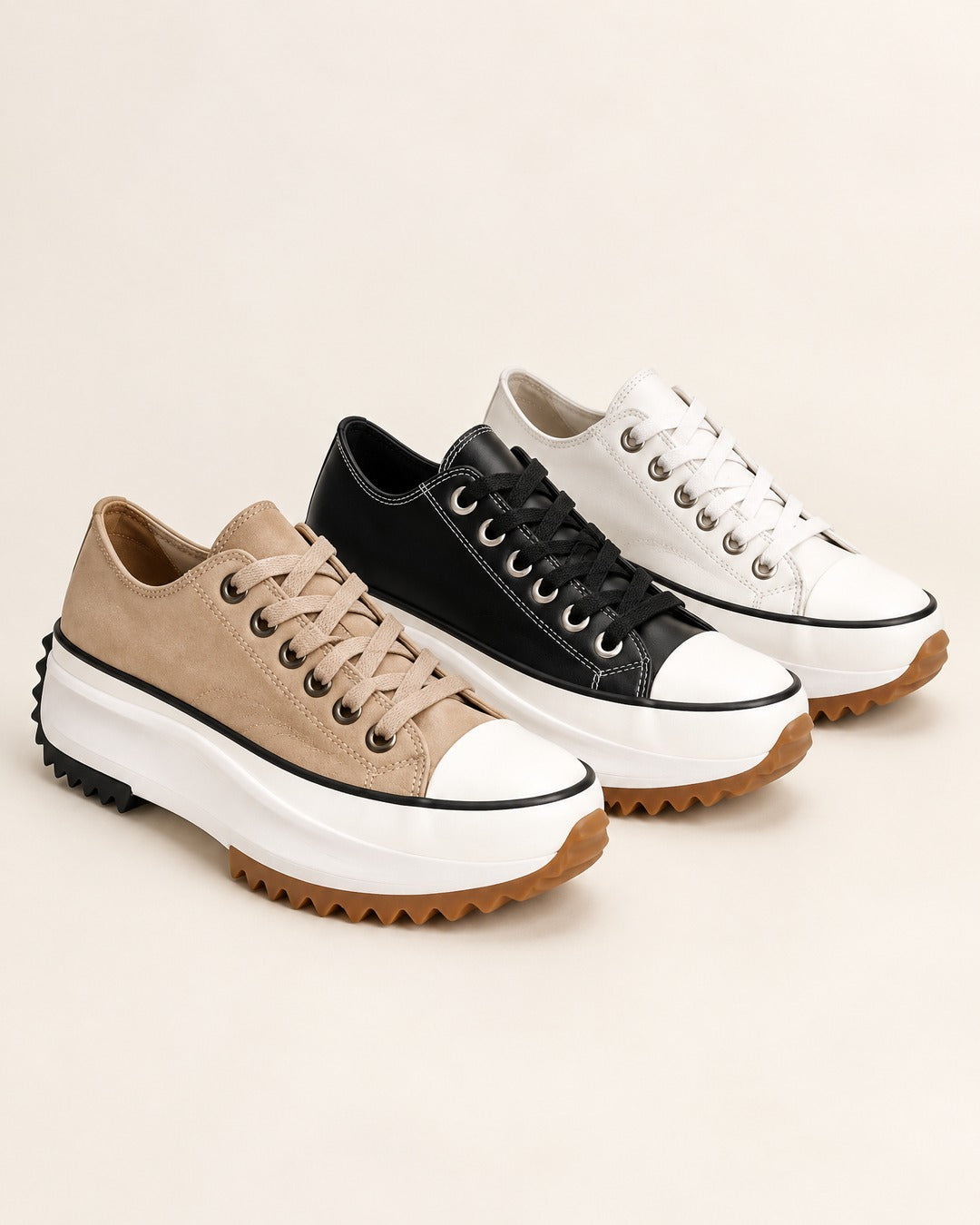 Bettina in tan, black and white
