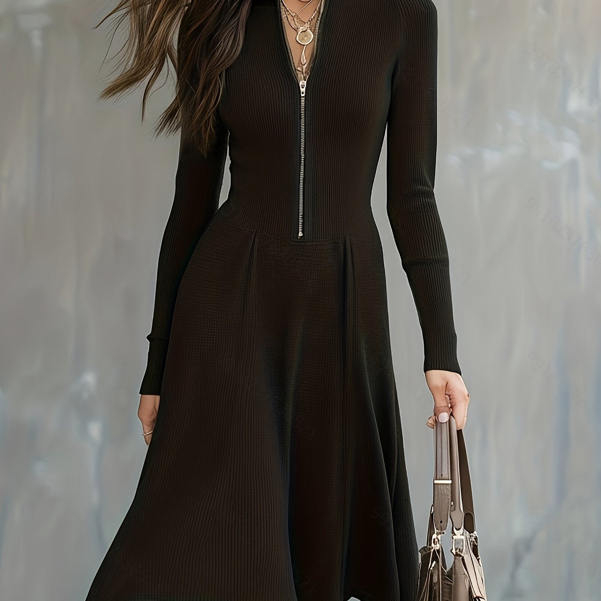 Zip-Front Long-Sleeve Fitted Midi Dress for Women