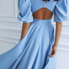 Leah | Puff-Sleeve Midi Dress with Pearl Buttons