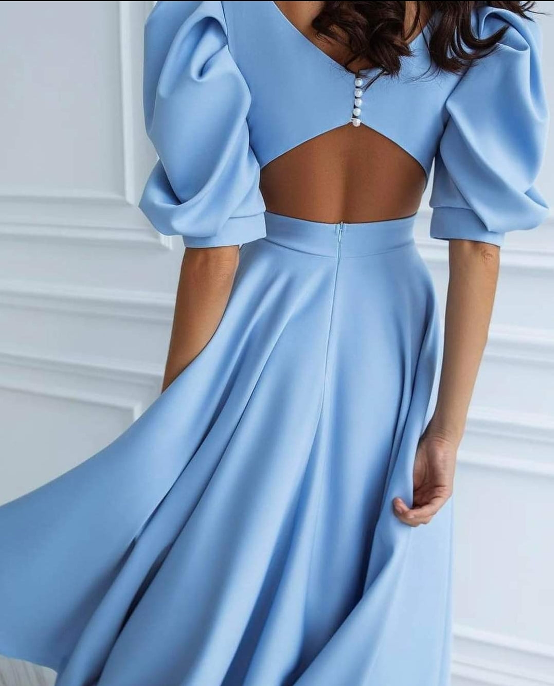 Leah | Puff-Sleeve Midi Dress with Pearl Buttons