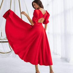 Leah | Puff-Sleeve Midi Dress with Pearl Buttons