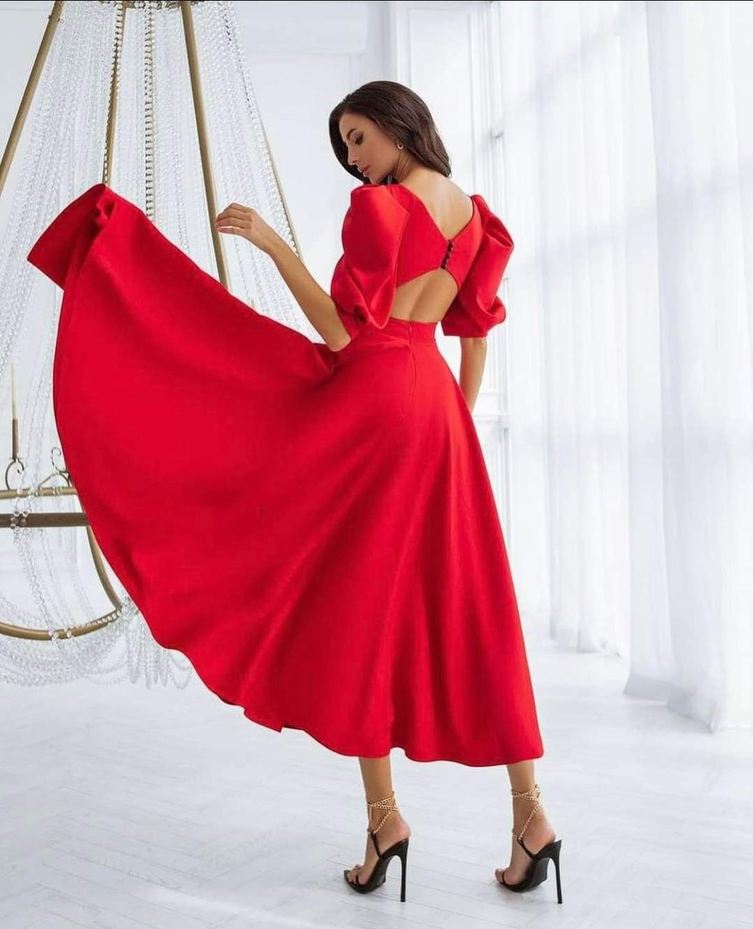 Leah | Puff-Sleeve Midi Dress with Pearl Buttons