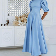 Leah | Puff-Sleeve Midi Dress with Pearl Buttons