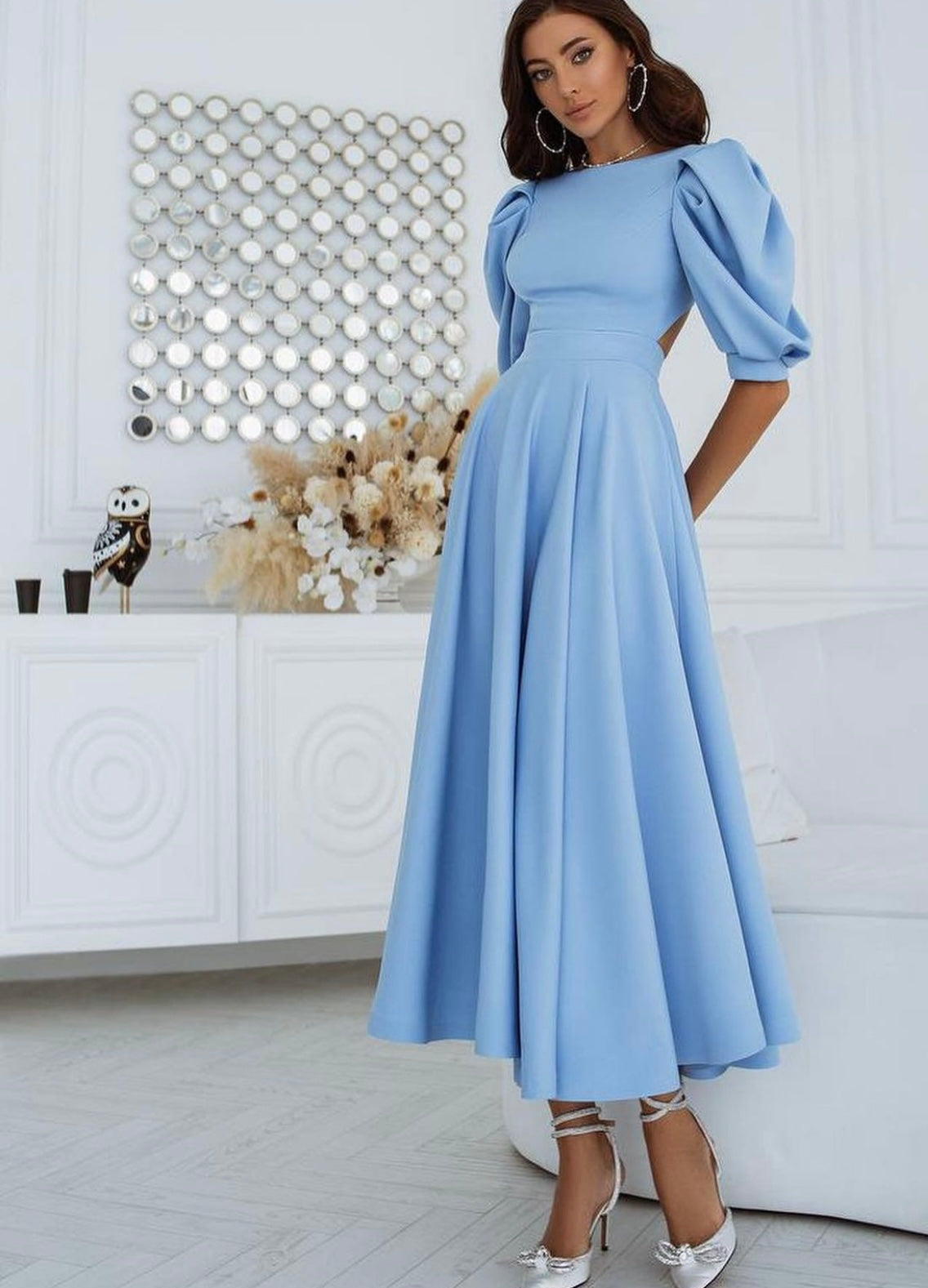Leah | Puff-Sleeve Midi Dress with Pearl Buttons