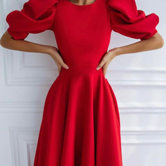 Leah | Puff-Sleeve Midi Dress with Pearl Buttons