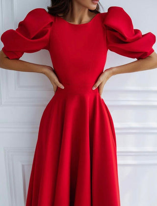 Leah | Puff-Sleeve Midi Dress with Pearl Buttons