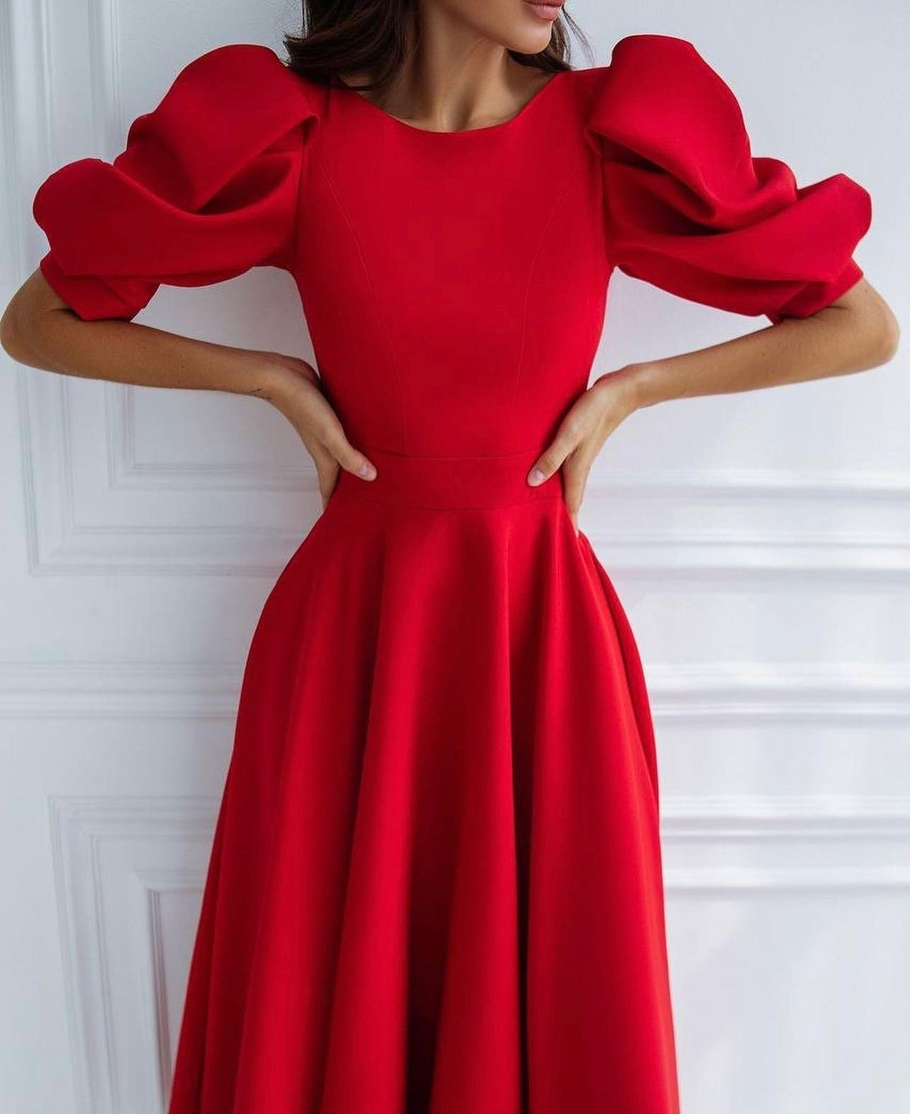 Leah | Puff-Sleeve Midi Dress with Pearl Buttons