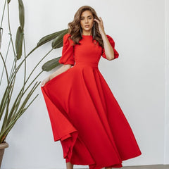 Leah | Puff-Sleeve Midi Dress with Pearl Buttons