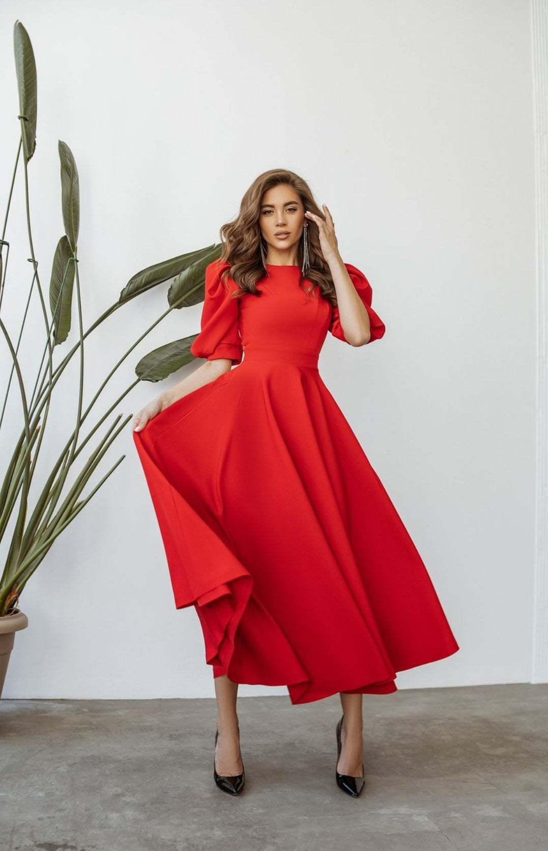 Leah | Puff-Sleeve Midi Dress with Pearl Buttons