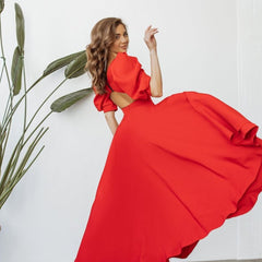Leah | Puff-Sleeve Midi Dress with Pearl Buttons