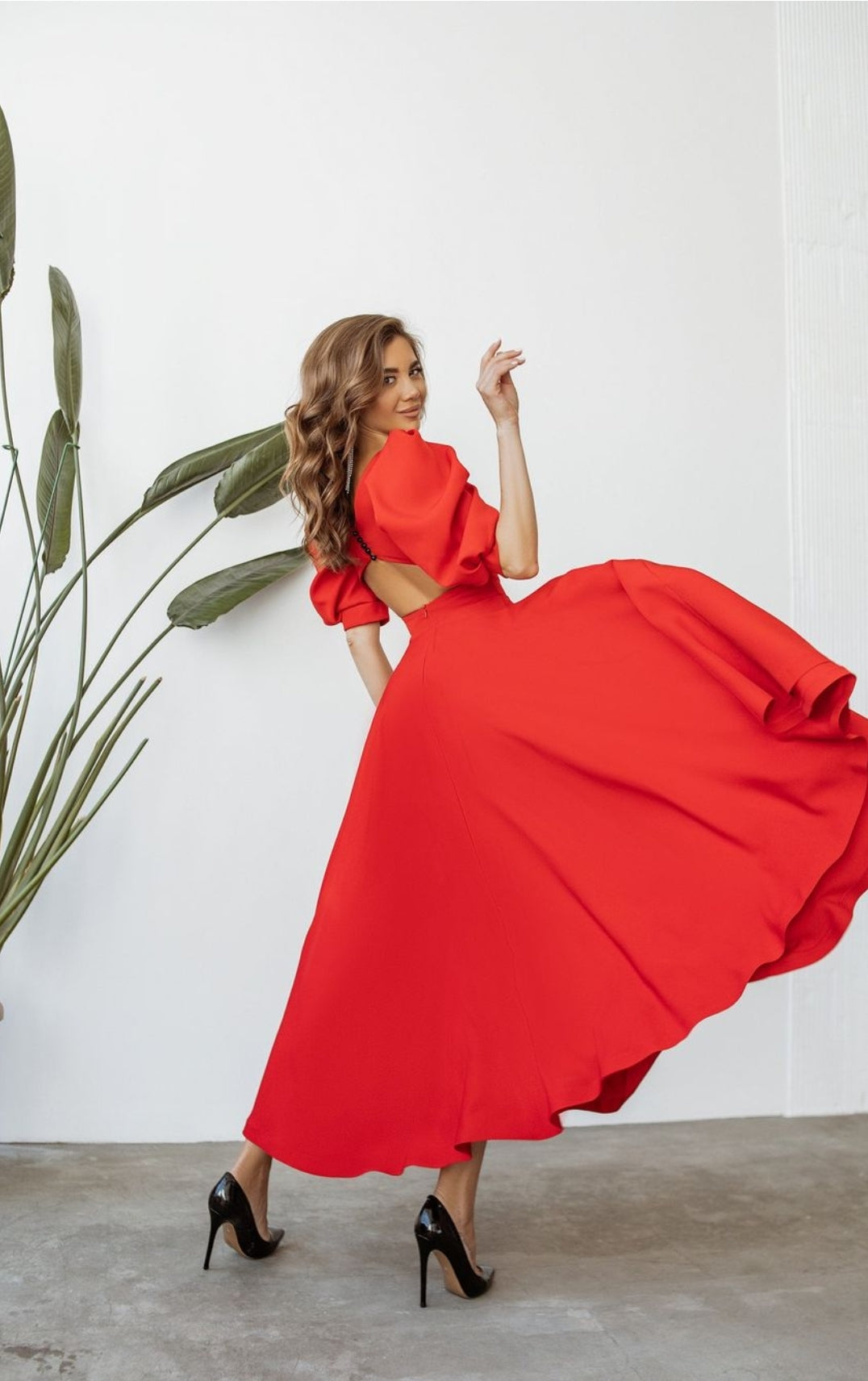 Leah | Puff-Sleeve Midi Dress with Pearl Buttons