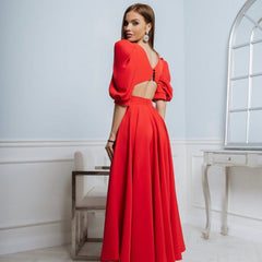 Leah | Puff-Sleeve Midi Dress with Pearl Buttons