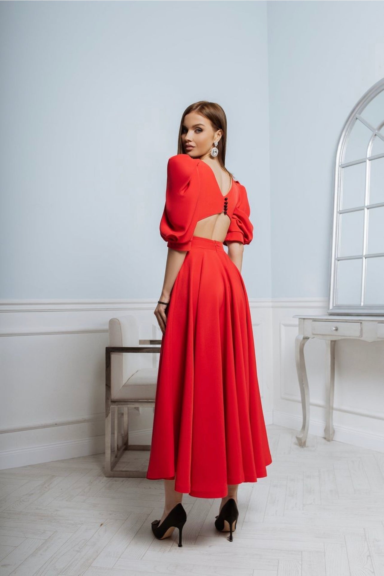 Leah | Puff-Sleeve Midi Dress with Pearl Buttons