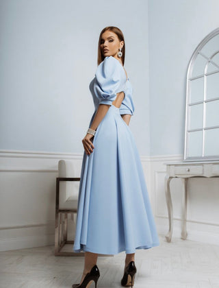 Leah | Puff-Sleeve Midi Dress with Pearl Buttons