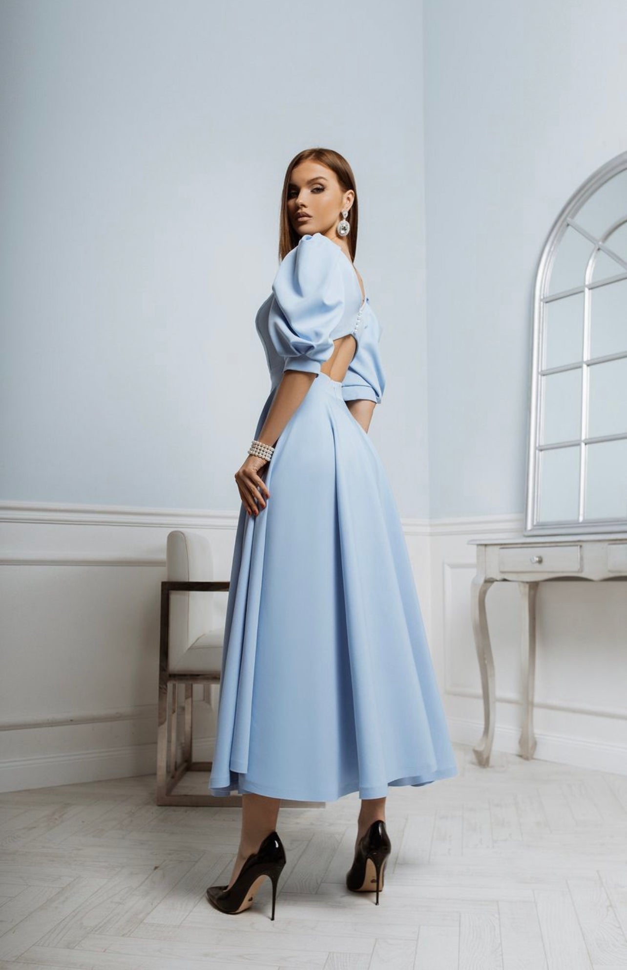 Leah | Puff-Sleeve Midi Dress with Pearl Buttons