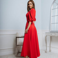 Leah | Puff-Sleeve Midi Dress with Pearl Buttons
