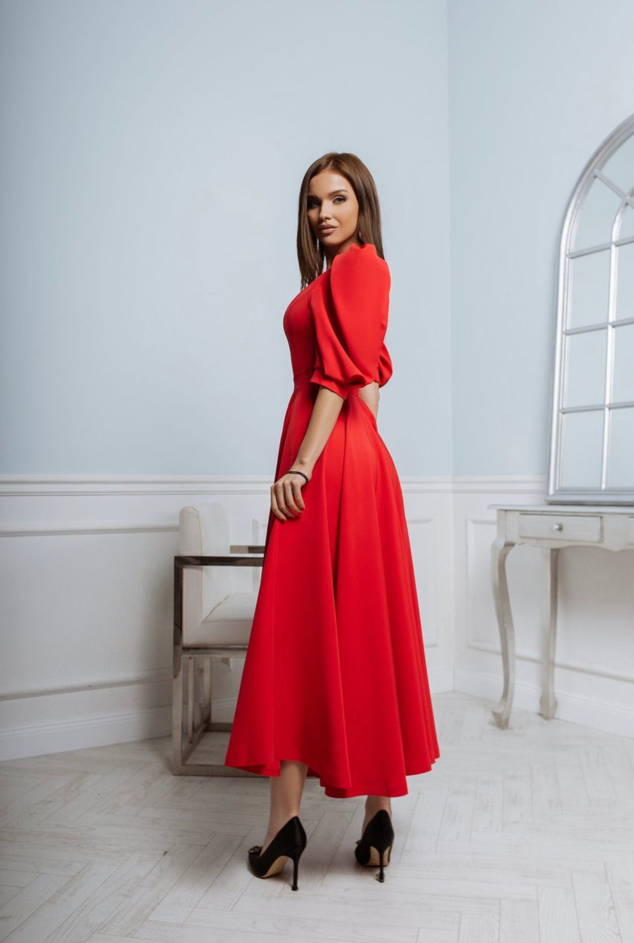 Leah | Puff-Sleeve Midi Dress with Pearl Buttons