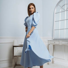 Leah | Puff-Sleeve Midi Dress with Pearl Buttons