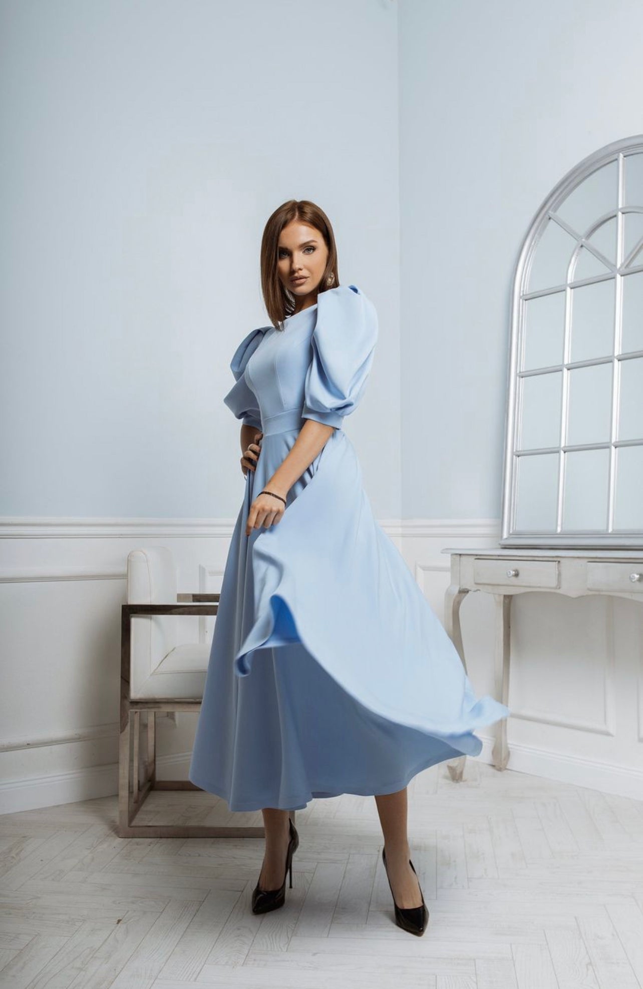 Leah | Puff-Sleeve Midi Dress with Pearl Buttons