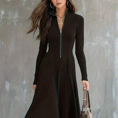 Zip-Front Long-Sleeve Fitted Midi Dress for Women