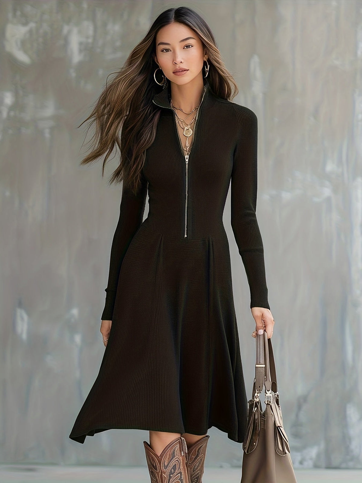 Zip-Front Long-Sleeve Fitted Midi Dress for Women