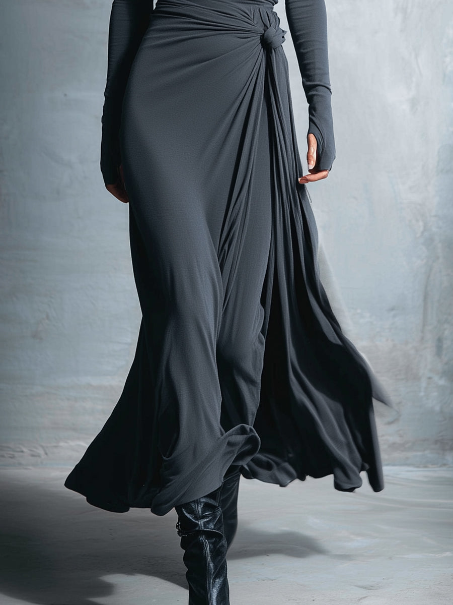 Long-Sleeve Side-Tie Draped Maxi Dress for Women