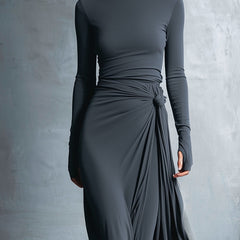 Long-Sleeve Side-Tie Draped Maxi Dress for Women