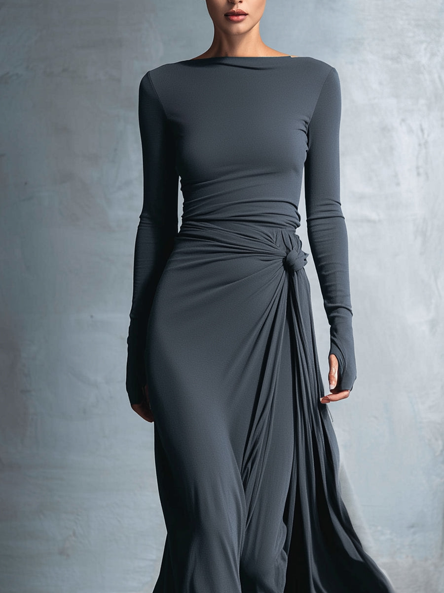 Long-Sleeve Side-Tie Draped Maxi Dress for Women