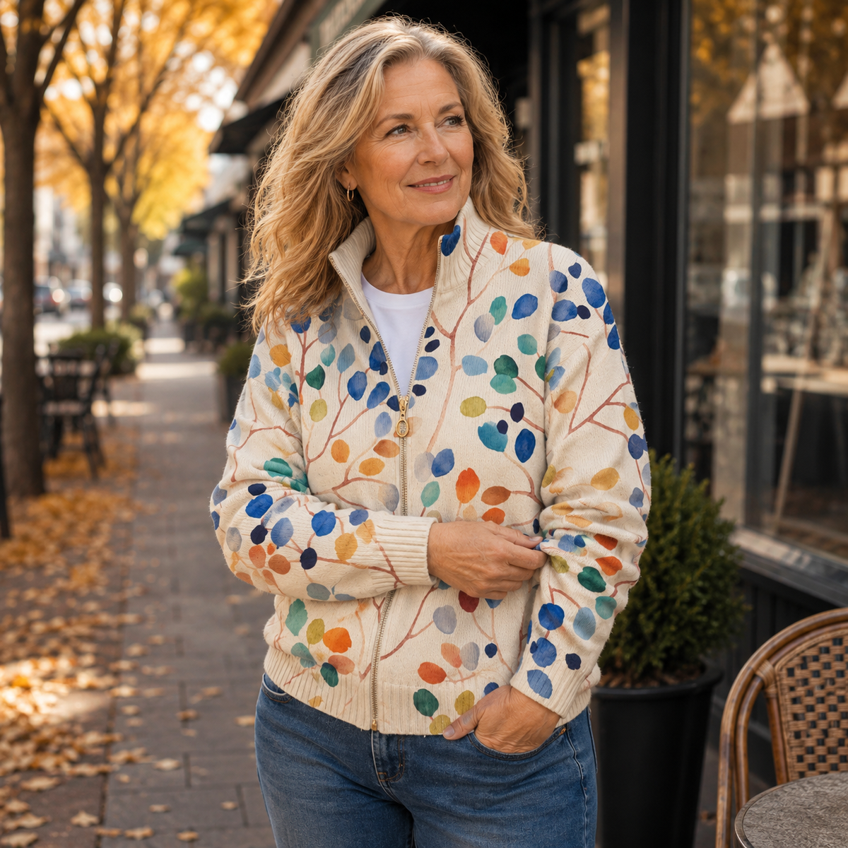 Botanical Leaf Print Zip Cardigan