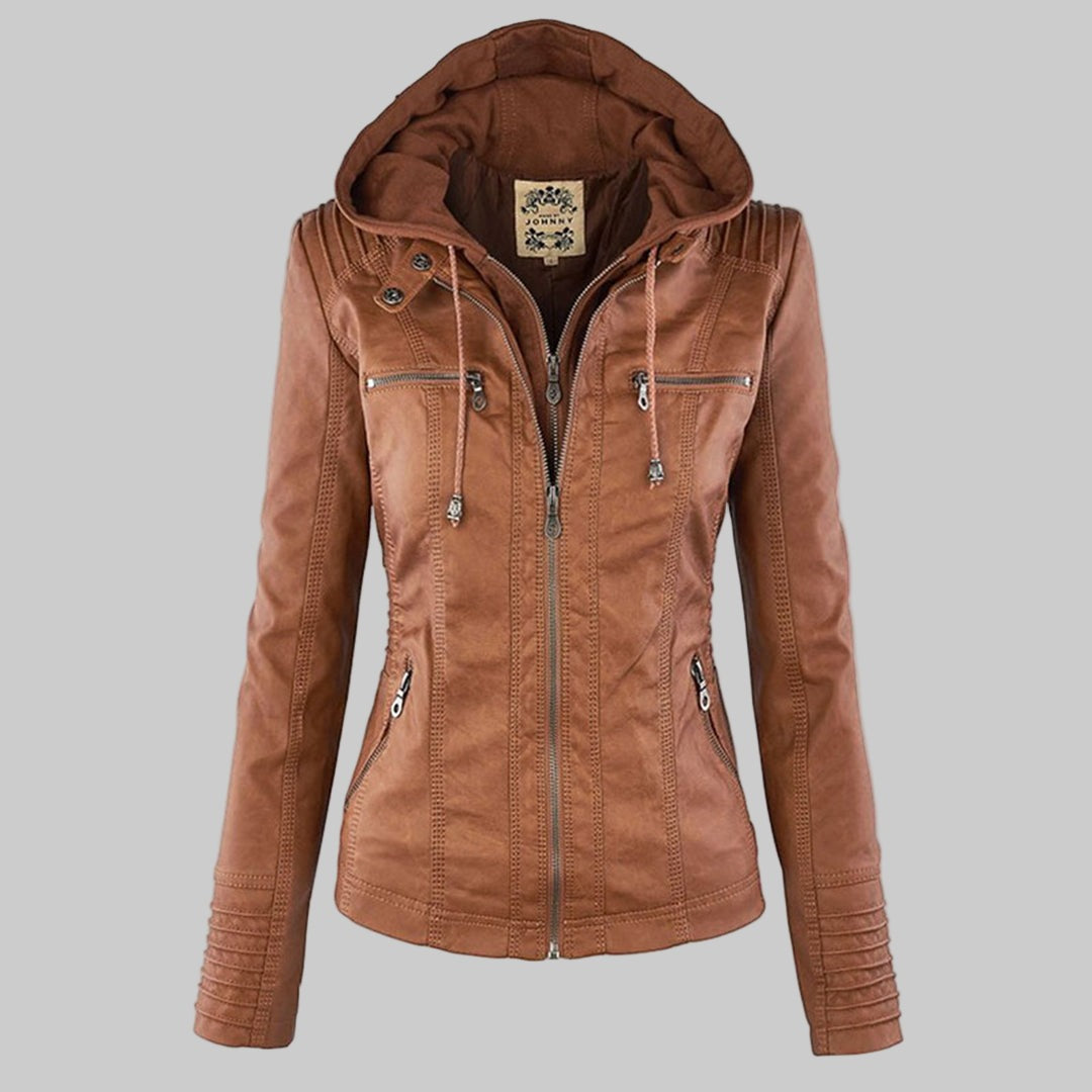 Callista hooded moto jacket in tan