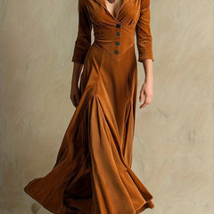 Collared V-Neck Button-Front 7/8-Sleeve Midi Dress for Women