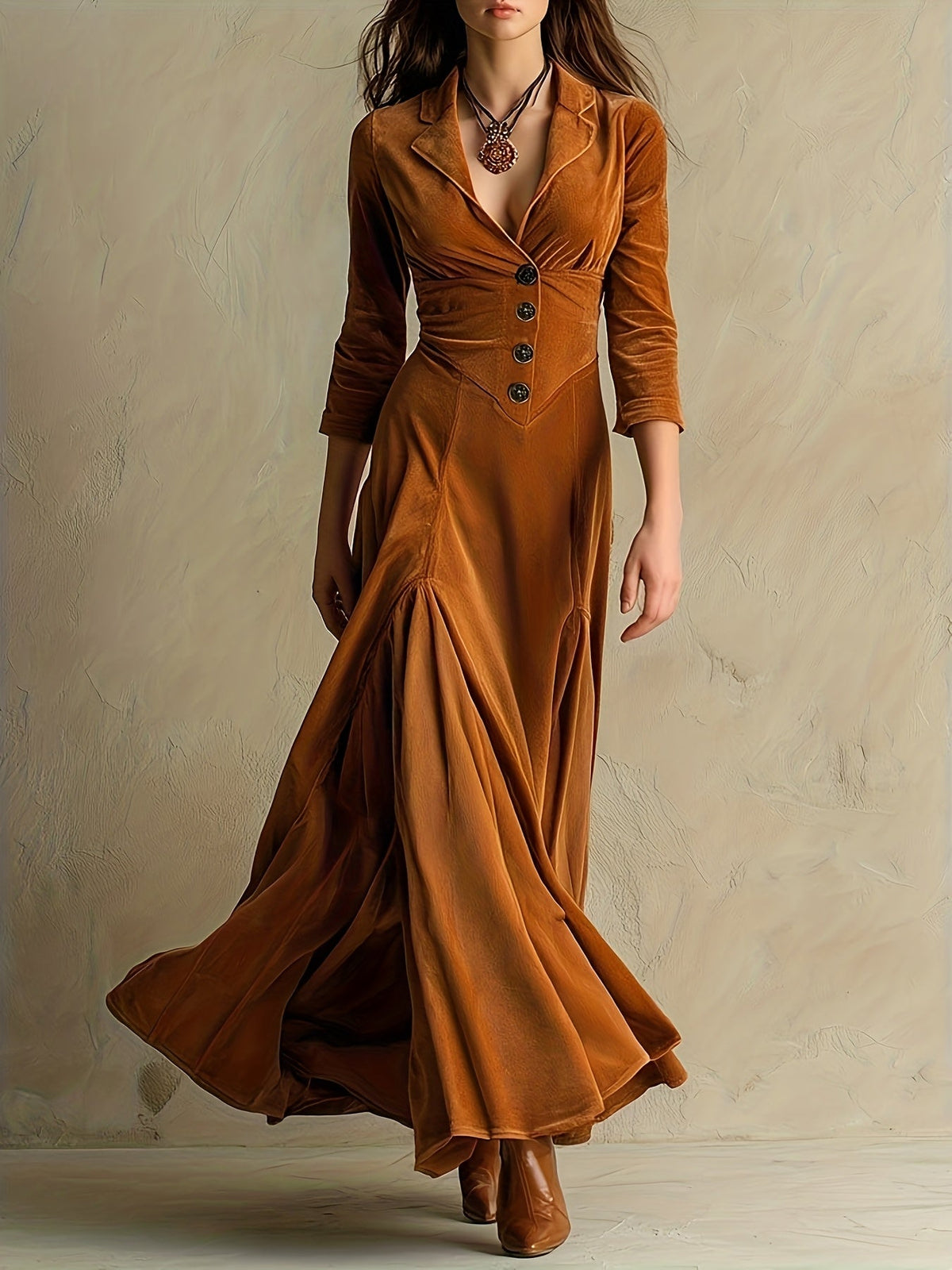 Collared V-Neck Button-Front 7/8-Sleeve Midi Dress for Women