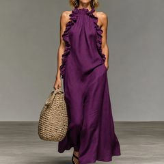 Purple sleeveless ruffle maxi dress with layered ruffles