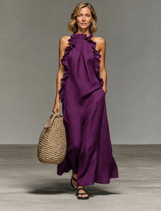 Purple sleeveless ruffle maxi dress with layered ruffles