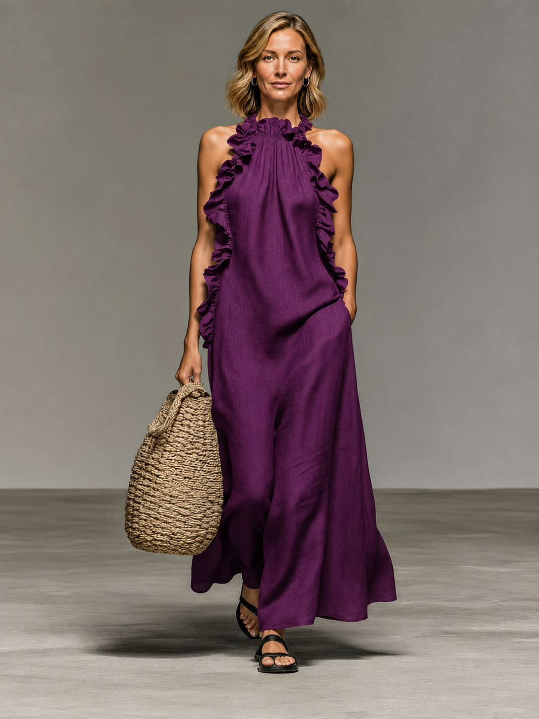 Purple sleeveless ruffle maxi dress with layered ruffles