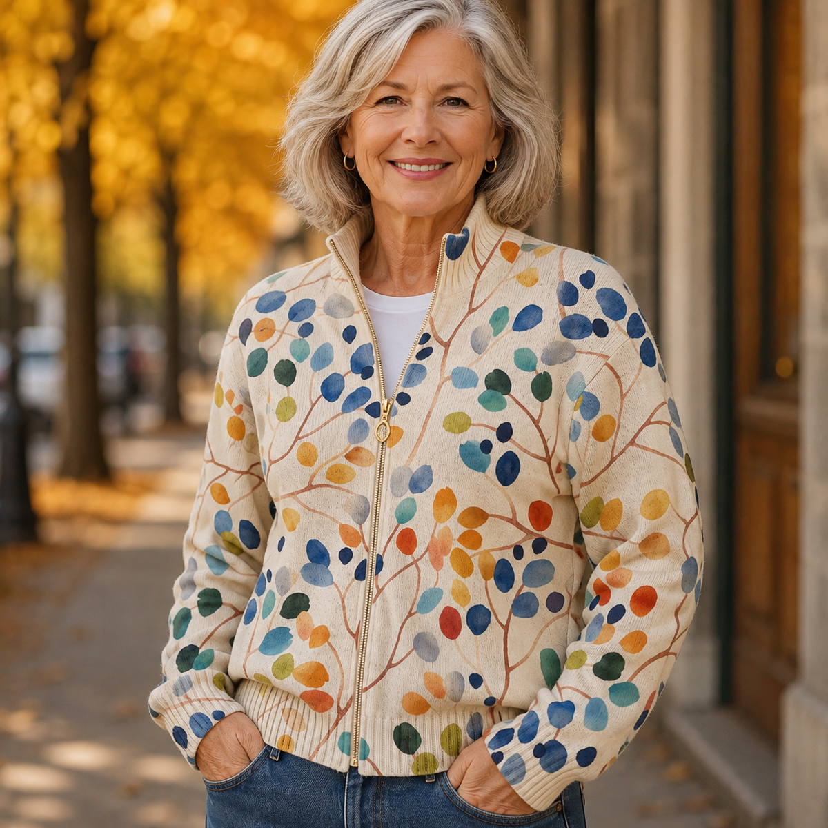 Botanical Leaf Print Zip Cardigan