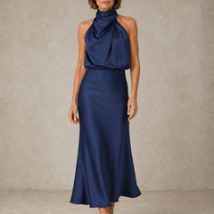 Navy blue halter satin evening dress