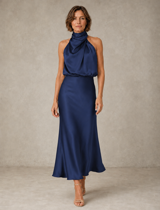 Navy blue halter satin evening dress