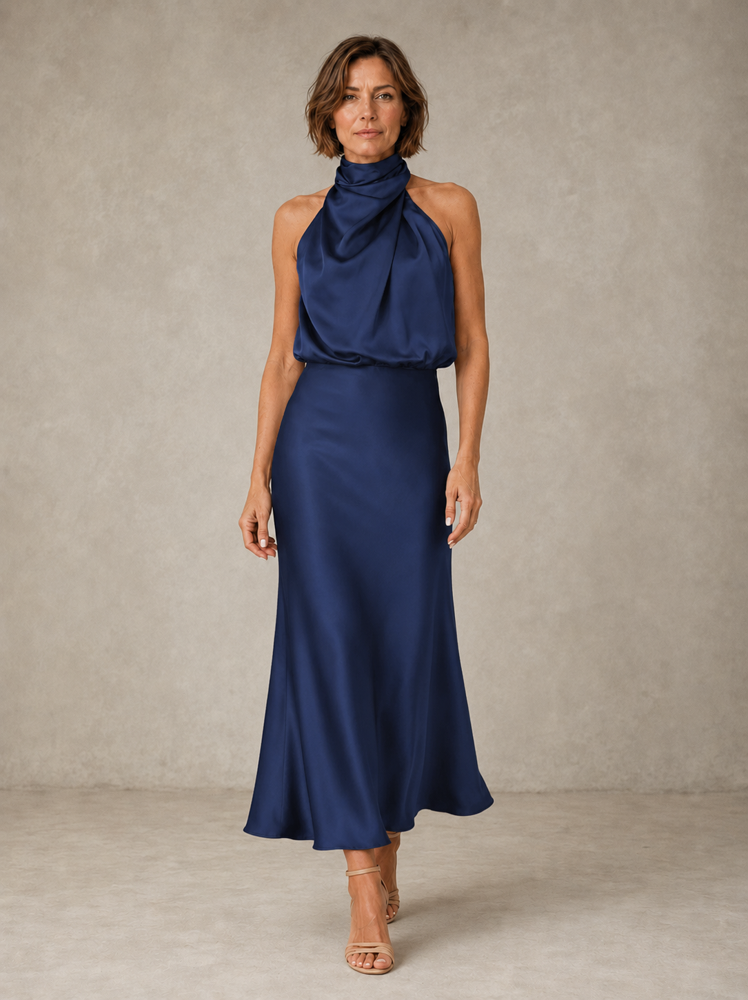 Navy blue halter satin evening dress