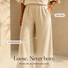 Linen-Look Two-Piece Set with Ruffle Sleeves and Wide-Leg Pants
