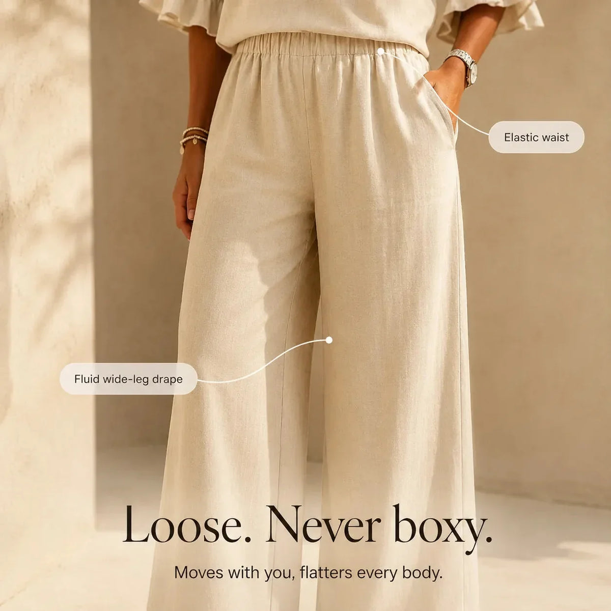 Linen-Look Two-Piece Set with Ruffle Sleeves and Wide-Leg Pants