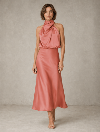 Mauve halter satin evening dress