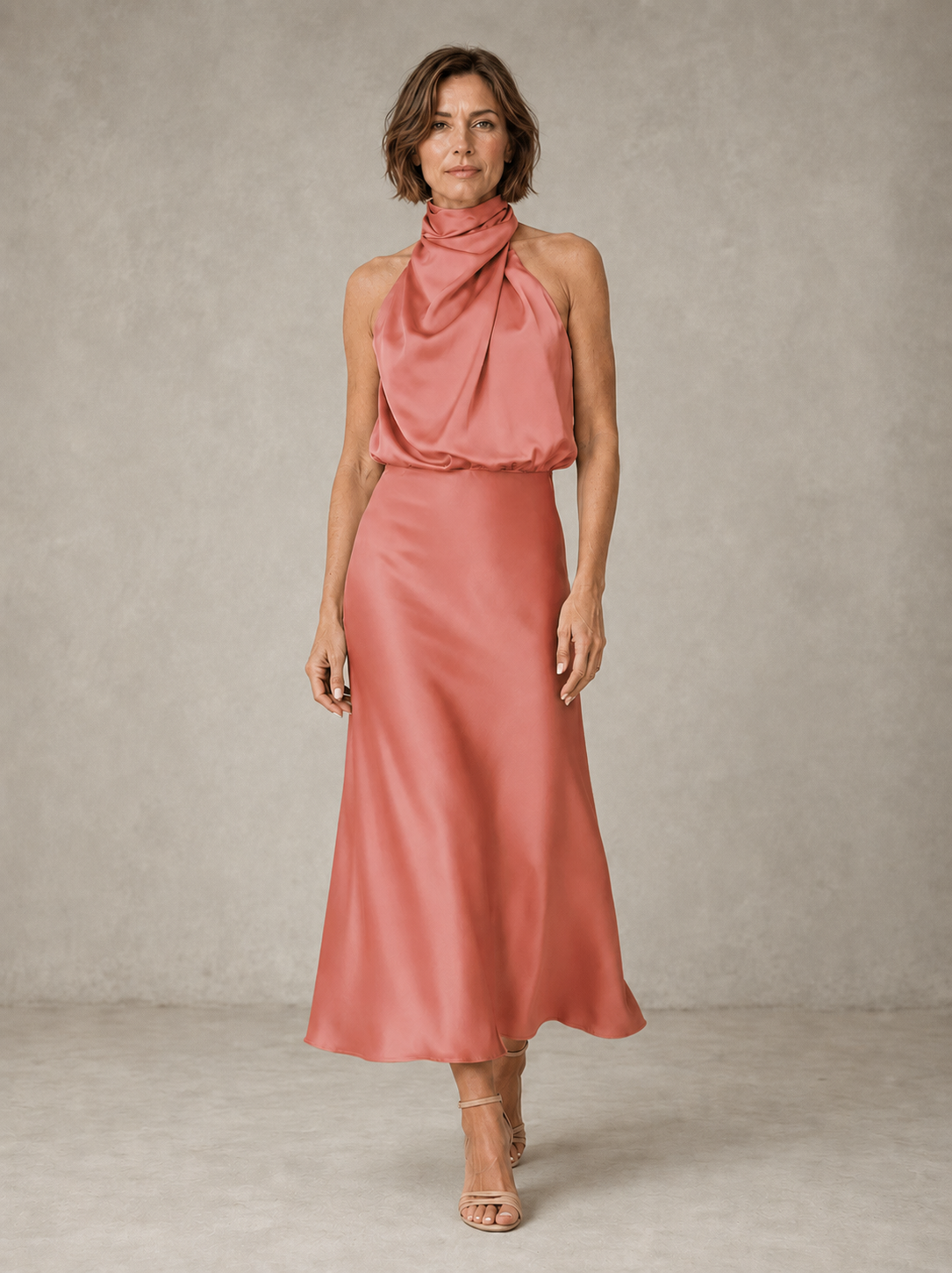 Mauve halter satin evening dress